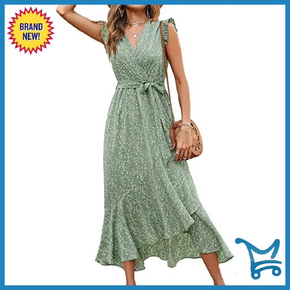 Floral Maxi Dress Wrap V-Neck Ruffle Sleeve Formal Wedding Guest - Picture 2 of 8